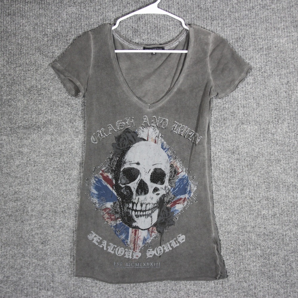 Y2K Crash And Burn Top Womens Small Gray Short Sleeve Skull Jealous Souls